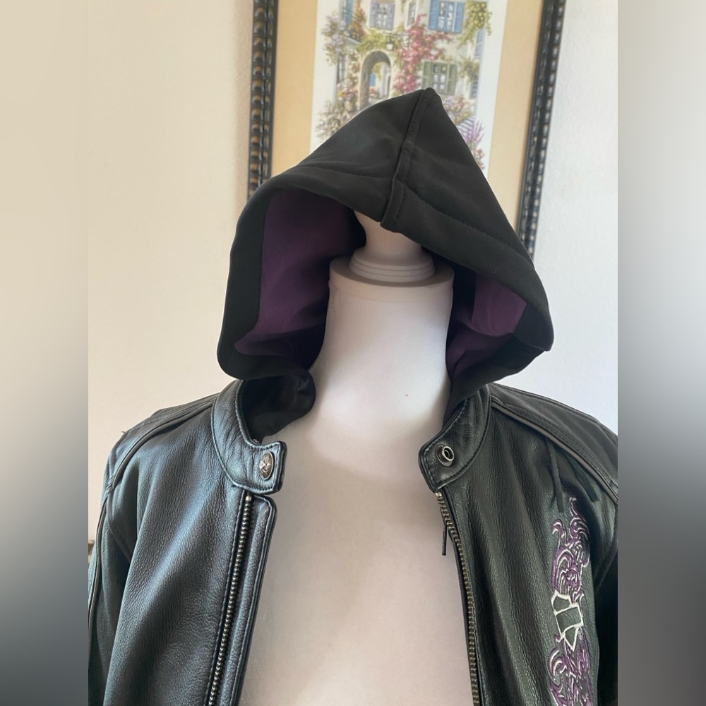 Harley-Davidson Purple Steel Heart Leather Jacket Hoodie 3in1, BLK,Women Size S - Picture 3 of 16